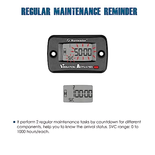 Runleader Digital Wireless Hour Meter, Vibration Activated, Maintenance Reminder, Resettable Job Timer, User Lock Shutdown, Use for Generator Marine