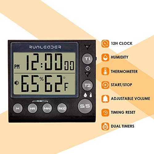 Runleader Digital Kichen Timer Dual Count-Down & Count-up Tracking Real-time Clock Display Temperature and Humidity Record for Cooking Baking Gym