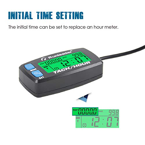 Runleader Hour Meter Tachometer, Maintenance Reminder Alert RPM Backlit Display Initial Hours Setting Battery Replaceable Use for ZTR Mower Generator