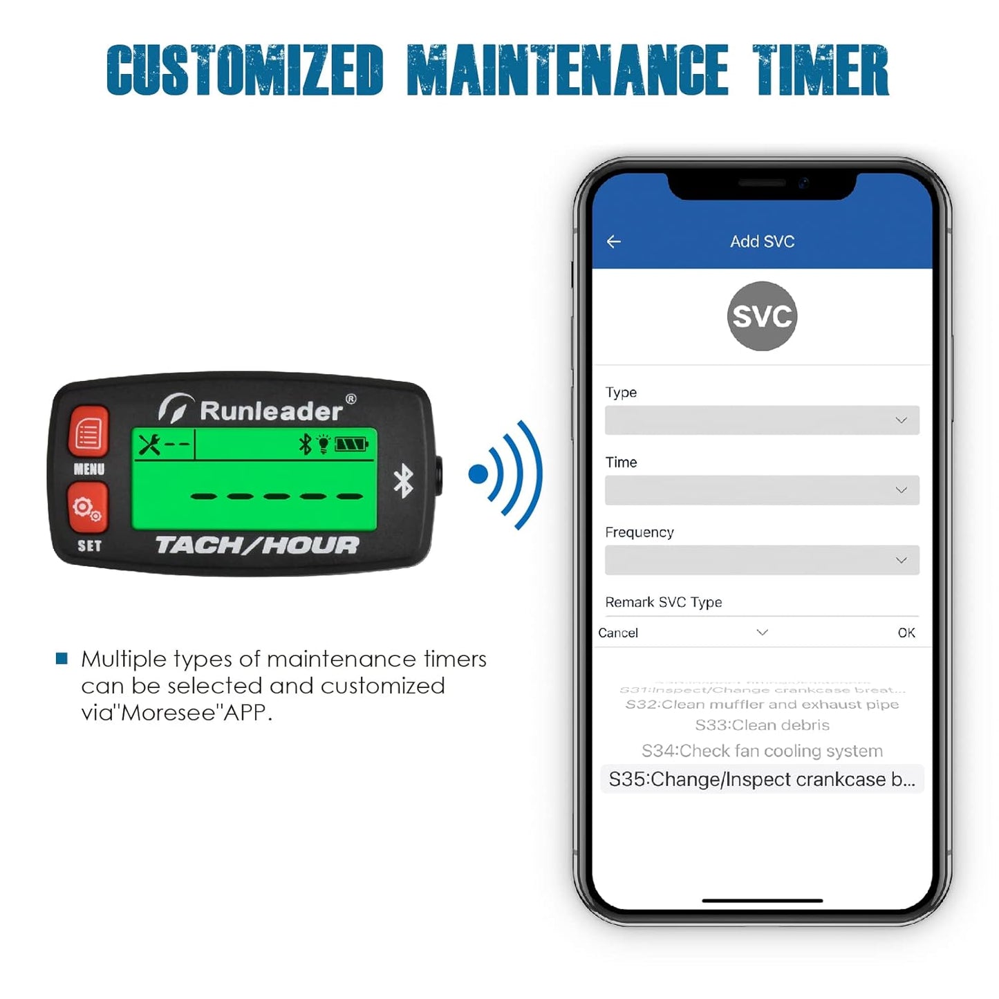 Runleader RL-HM032-BT LCD Bluetooth Tach/Hour Meter, Maintenance Reminders, Battery Replaceable for Lawn Mower Generator Boat Snowmobile.
