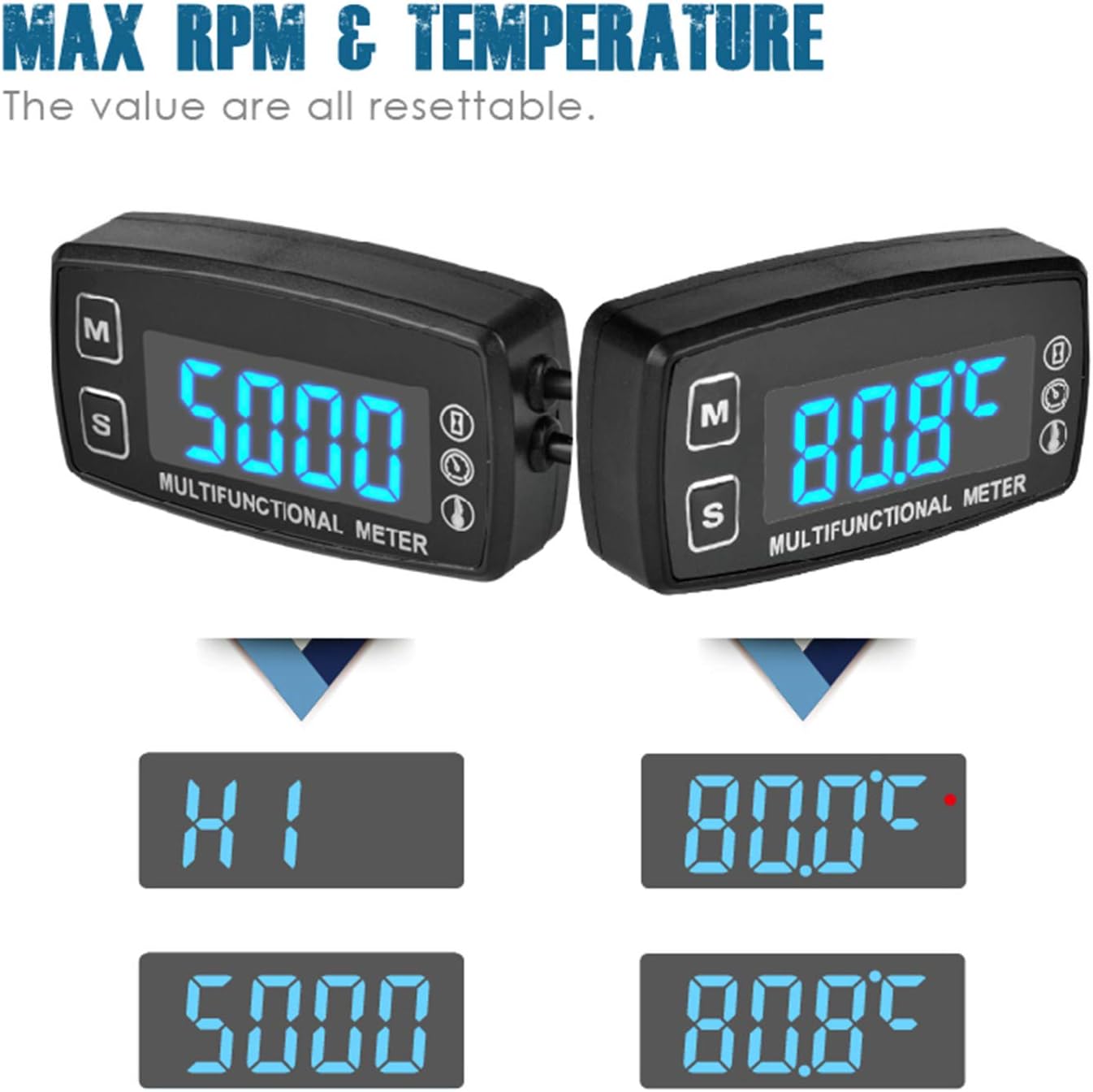 Runleader RL-HM035LT Digital LED Engine Hour Meter,RPM &Temperature Display,Maintenance Reminder,External Powered Operating for Lawn Mower Generator Dirtbike Paramotor Outboard Motor Marine Compressor