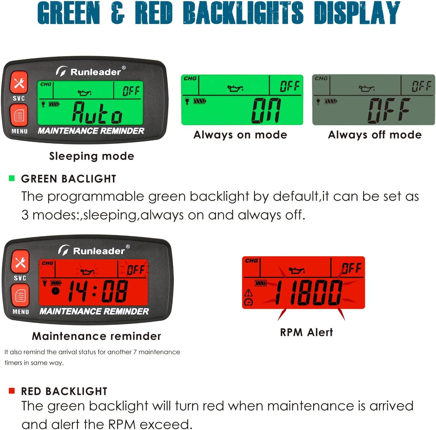 Runleader RL-HM032G Digital Maintenance Tach Hour Meter Gauge,RPM Alert,Backlight Display,Battery Replaceable,Used for Small Gas Engine, Works on Garden Tractor Motorcycle Generator Snowmobile Chainsaw Marine.