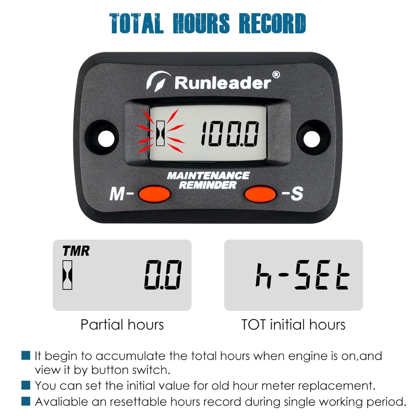 Runleader RL-HM068G Digital Maintenance Hours Tachometer for Lawn Mower Generator Motorcycle ATV Outboard Motor Jetski Chainsaw etc.