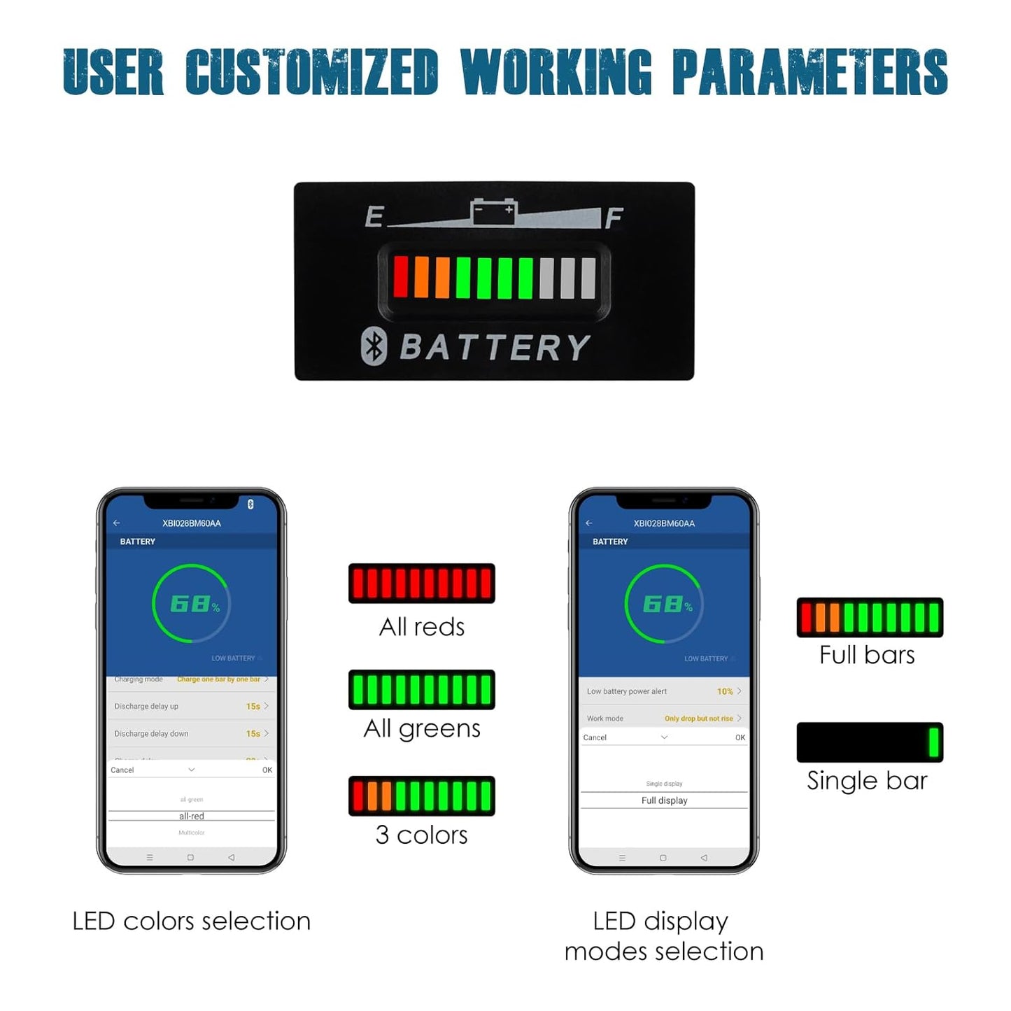 Runleader RL-BI028-BT DC 12V to 48V Bluetooth Shunt Battery Indicator Volt Meter, Works for Lead Acid,Gel,AGM,Trojian,LiFePO4 and 18650 Lithium Batteries.