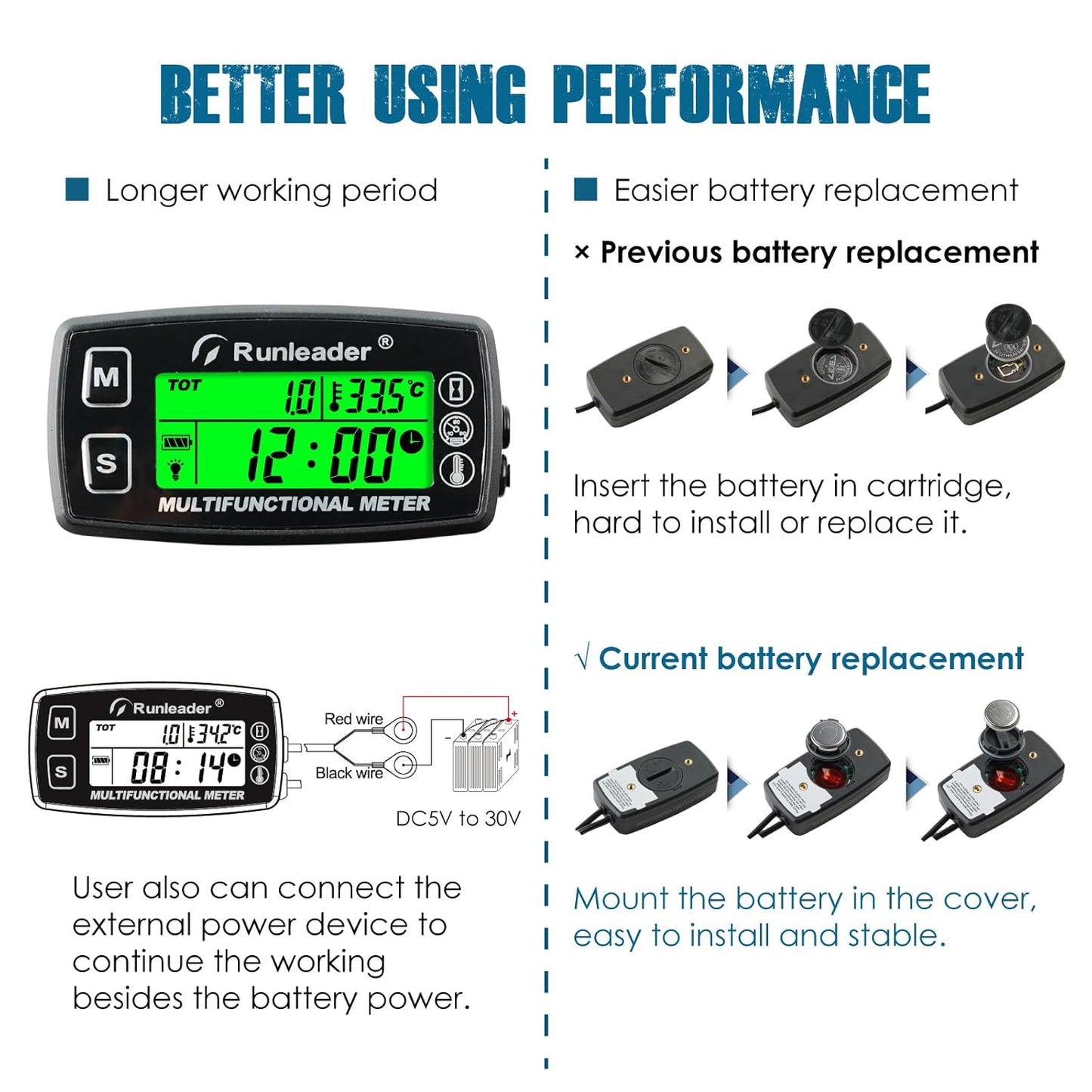 Runleader RL-HM035D Digital Engine Temp Gauge,Maintenance Hours Tachometer, Battery Replacement and DC 5V to 30V External Power Supply for Gasoline Engine Lawn Mower Generator Motorcycle ATV Snowmobile etc.