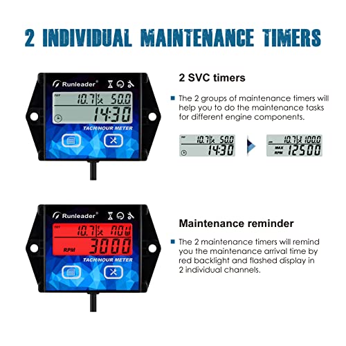 Runleader Digital LCD Tach Hour Meter Maintenance Reminder Multiple Display with Backlight for Garden Tractor Wood Splitter Brush Cutter Generator