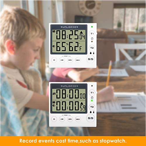 Runleader Digital Kichen Timer Dual Count-Down & Count-up Tracking Real-time Clock Display Temperature and Humidity Record for Cooking Baking Gym