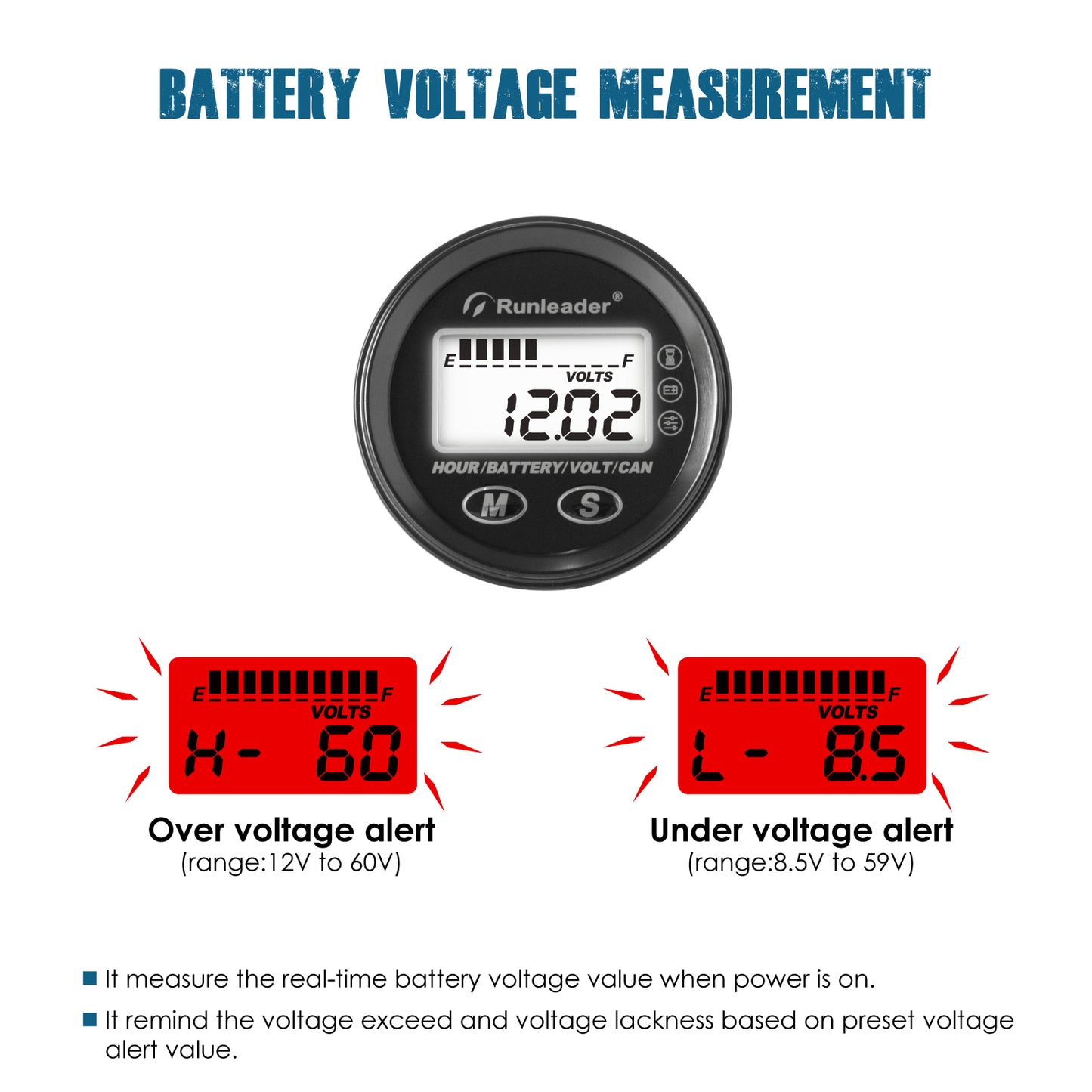 Runleader LCD 12V to 48V Battery Level Indicator, Hours and Voltage Gauge, Data CAN Communication - Suitable for Battery Type Lead Acid LiFePO4 Gel