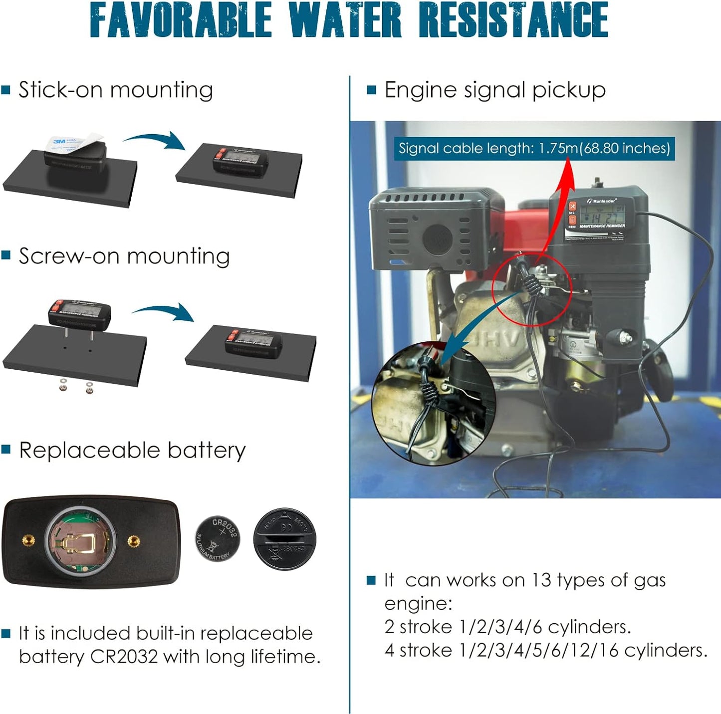 Runleader RL-HM032G Digital Maintenance Tach Hour Meter Gauge,RPM Alert,Backlight Display,Battery Replaceable,Used for Small Gas Engine, Works on Garden Tractor Motorcycle Generator Snowmobile Chainsaw Marine.