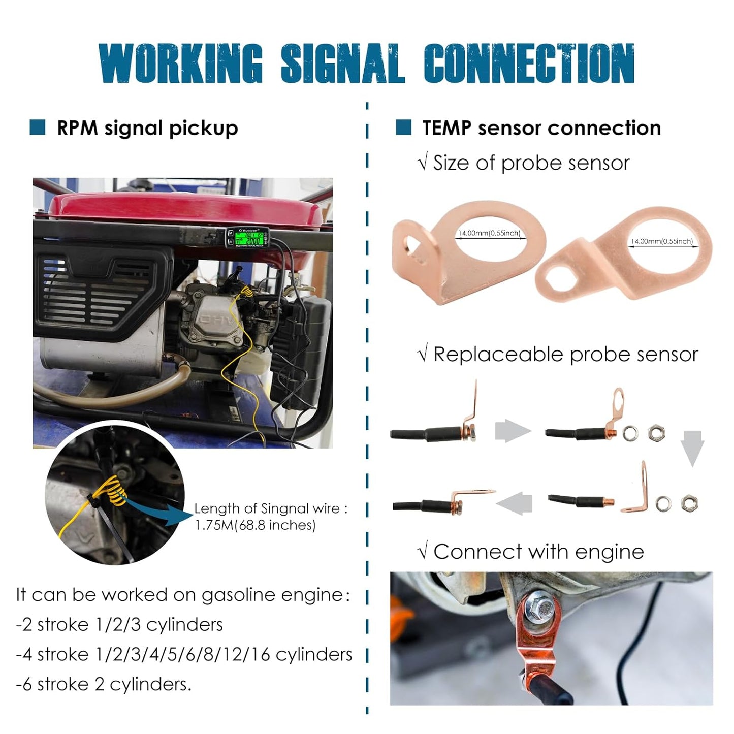 Runleader RL-HM035D Digital Engine Temp Gauge,Maintenance Hours Tachometer, Battery Replacement and DC 5V to 30V External Power Supply for Gasoline Engine Lawn Mower Generator Motorcycle ATV Snowmobile etc.