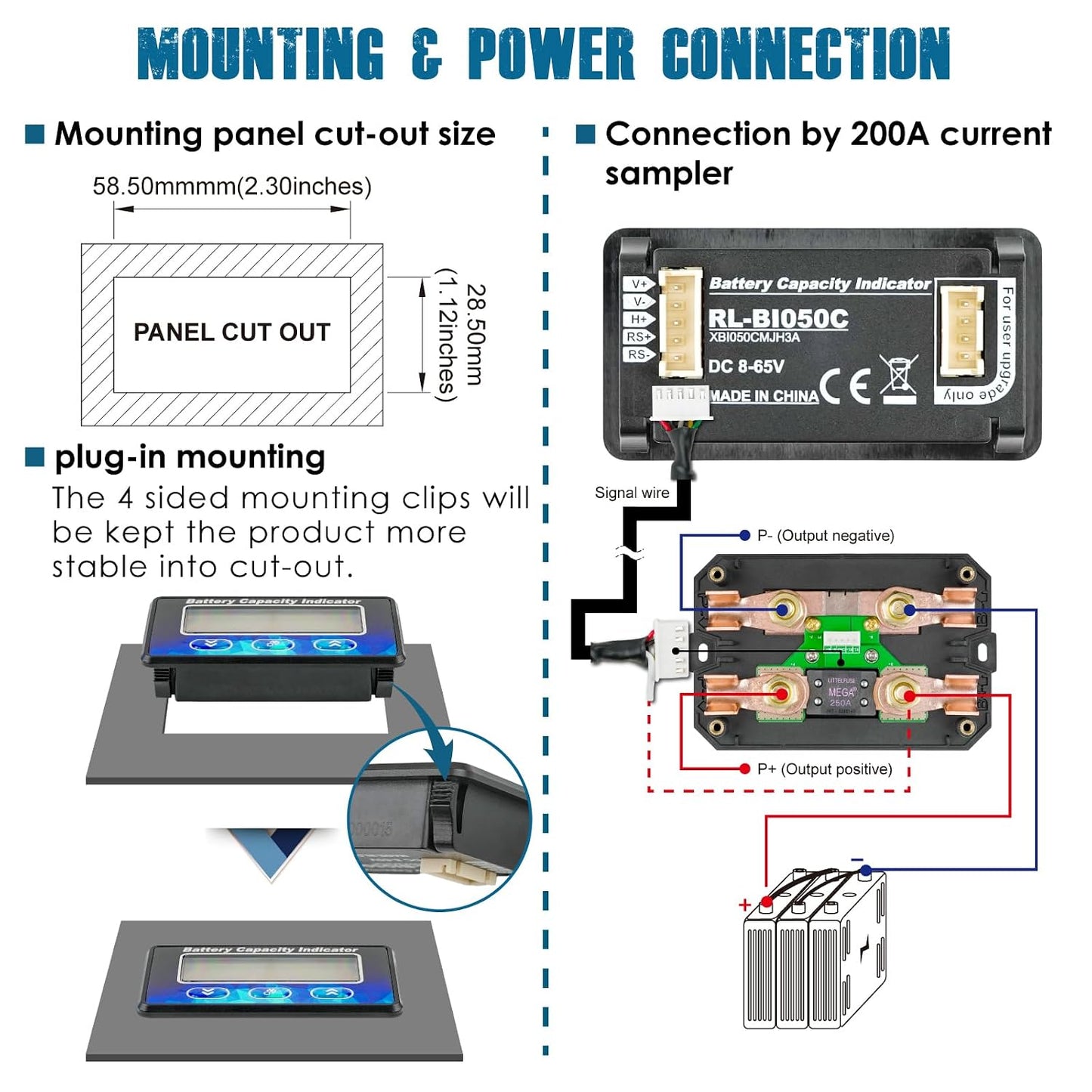 Runleader RL-BI050C Mini Battery Monitor with Current Shunt Capacity Voltage & Hour Meter for DC 12V 24V 36V 48V LiFePO4 AGM GEL Lead Acid Trojan Lithium RV, Golf Cart, E-Bike, EV