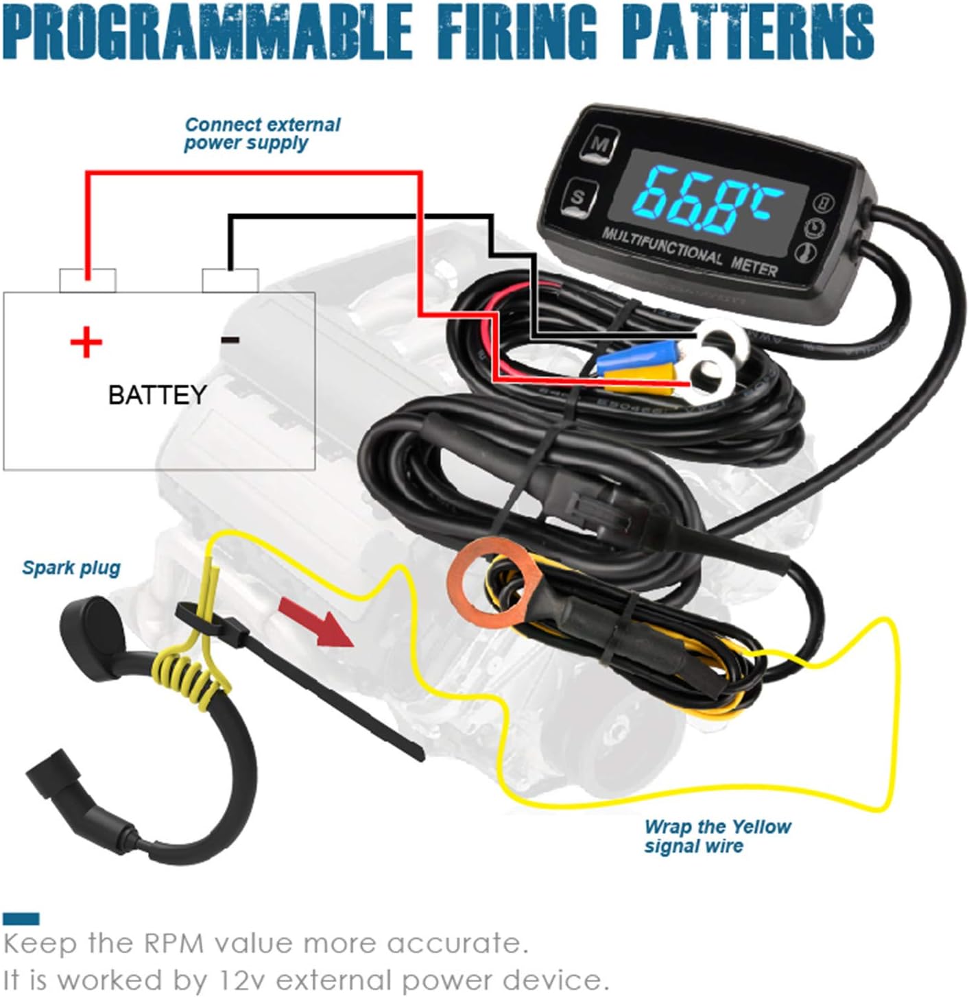 Runleader RL-HM035LT Digital LED Engine Hour Meter,RPM &Temperature Display,Maintenance Reminder,External Powered Operating for Lawn Mower Generator Dirtbike Paramotor Outboard Motor Marine Compressor