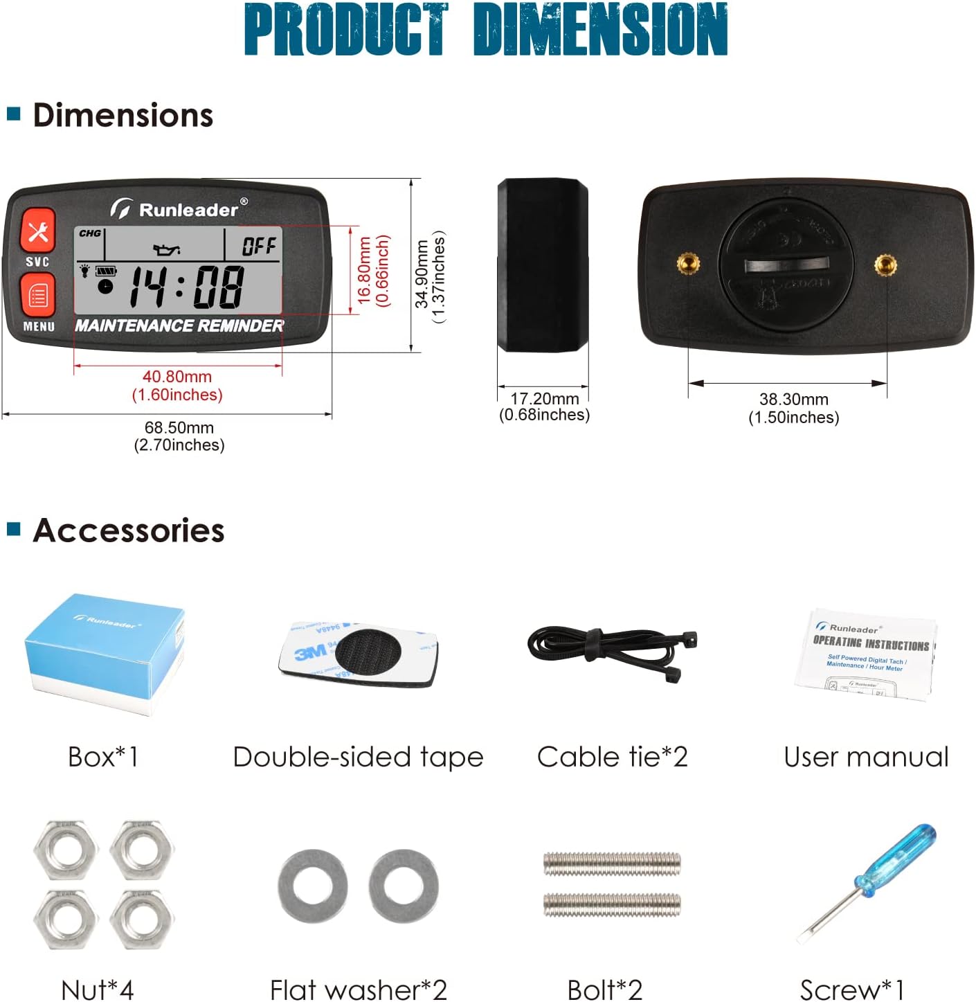 Runleader RL-HM032G Digital Maintenance Tach Hour Meter Gauge,RPM Alert,Backlight Display,Battery Replaceable,Used for Small Gas Engine, Works on Garden Tractor Motorcycle Generator Snowmobile Chainsaw Marine.