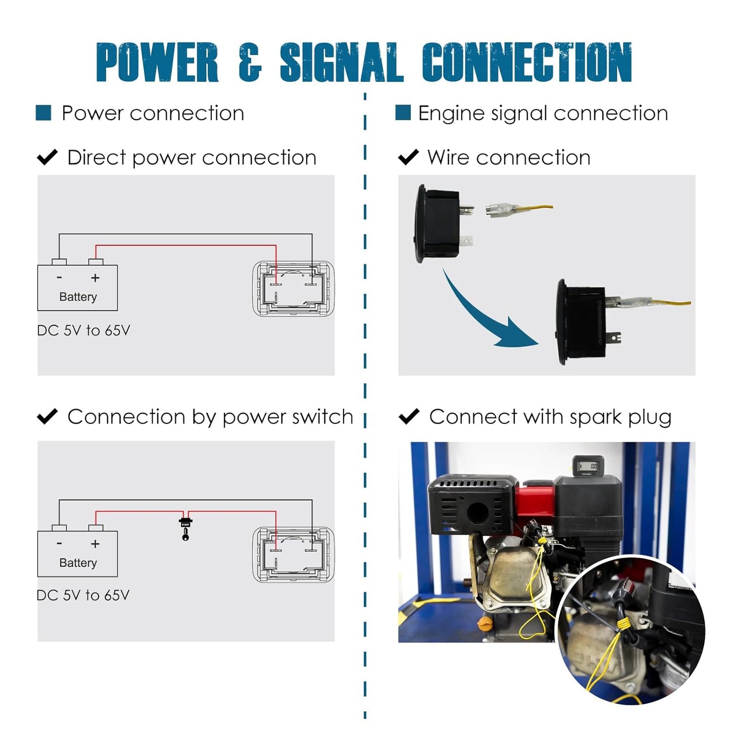 Runleader RL-HM038AGR DC5V to 65V Digital Hours Tachometer, Waterproof Design for Garden Tractor Generator ATV Marine Snowmobile etc.