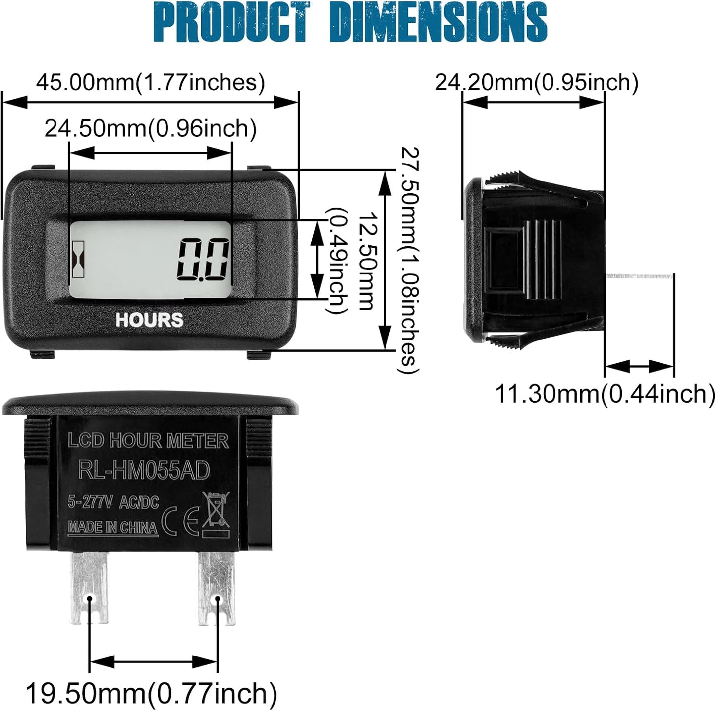 Runleader RL-HM055AD Digital Maintenance Hour Meter,AC/DC 5V to 277V for Garden Tractor Generator Scooter Club Car Forklift Leaf Trimmer etc