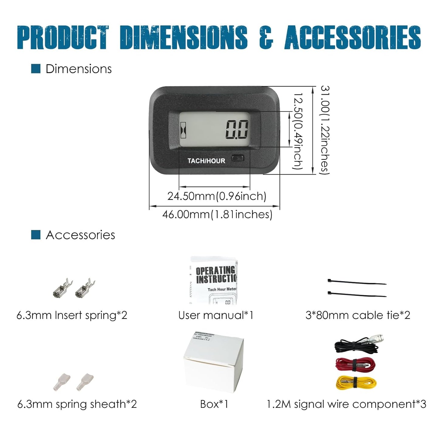 Runleader RL-HM038AGR DC5V to 65V Digital Hours Tachometer, Waterproof Design for Garden Tractor Generator ATV Marine Snowmobile etc.
