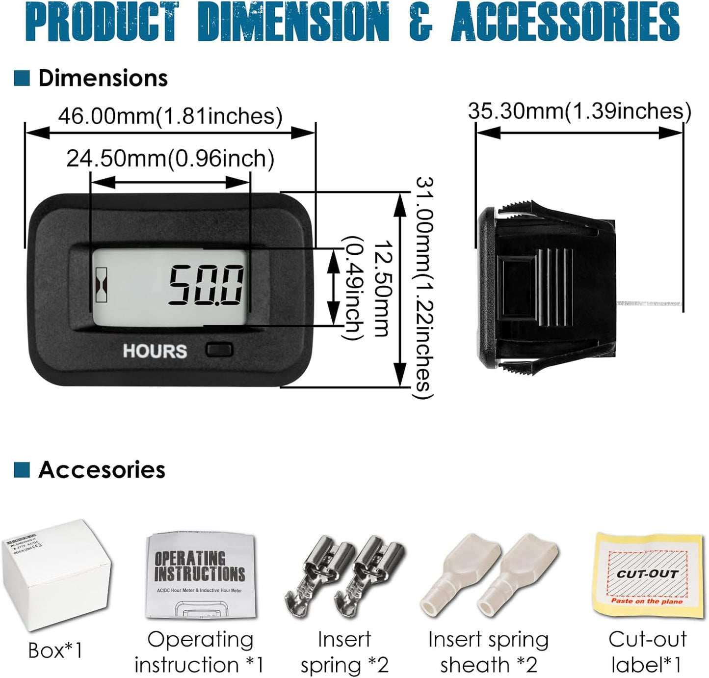 Runleader RL-HM038AG-H Digital Maintenance Hour Meter,AC/DC 5V to 277V for ZTR Lawn Mower Tractor Generator Motorcycle RV Motorhome Milling Machine etc.