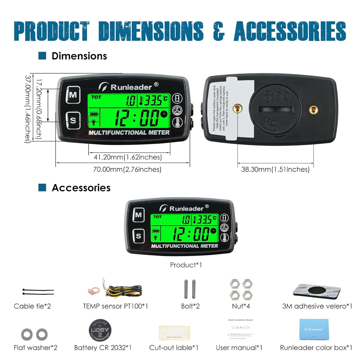 Runleader RL-HM035D Digital Engine Temp Gauge,Maintenance Hours Tachometer, Battery Replacement and DC 5V to 30V External Power Supply for Gasoline Engine Lawn Mower Generator Motorcycle ATV Snowmobile etc.