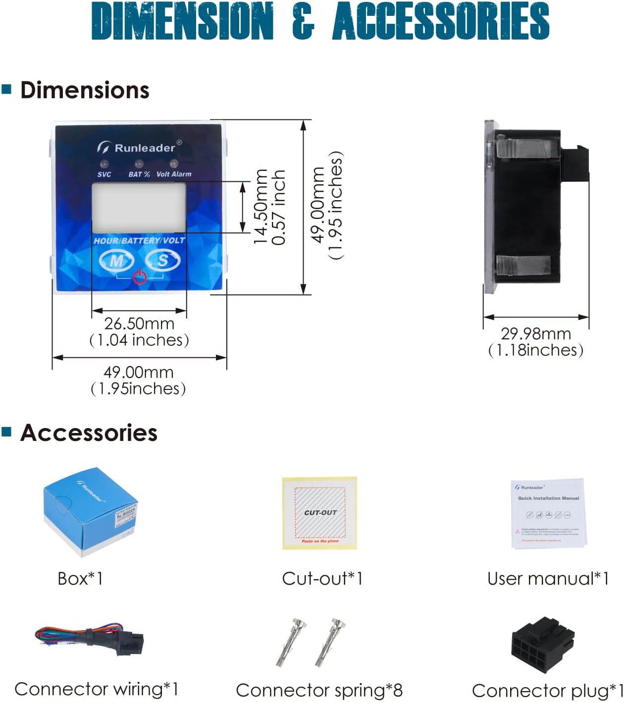 Runleader RL-BI022A 12V to 48V Battery Indicator Volt Meter, Working Hours Record for Golf Cart Forklift Lawn Mower Motorhome Scrubber Machine etc.