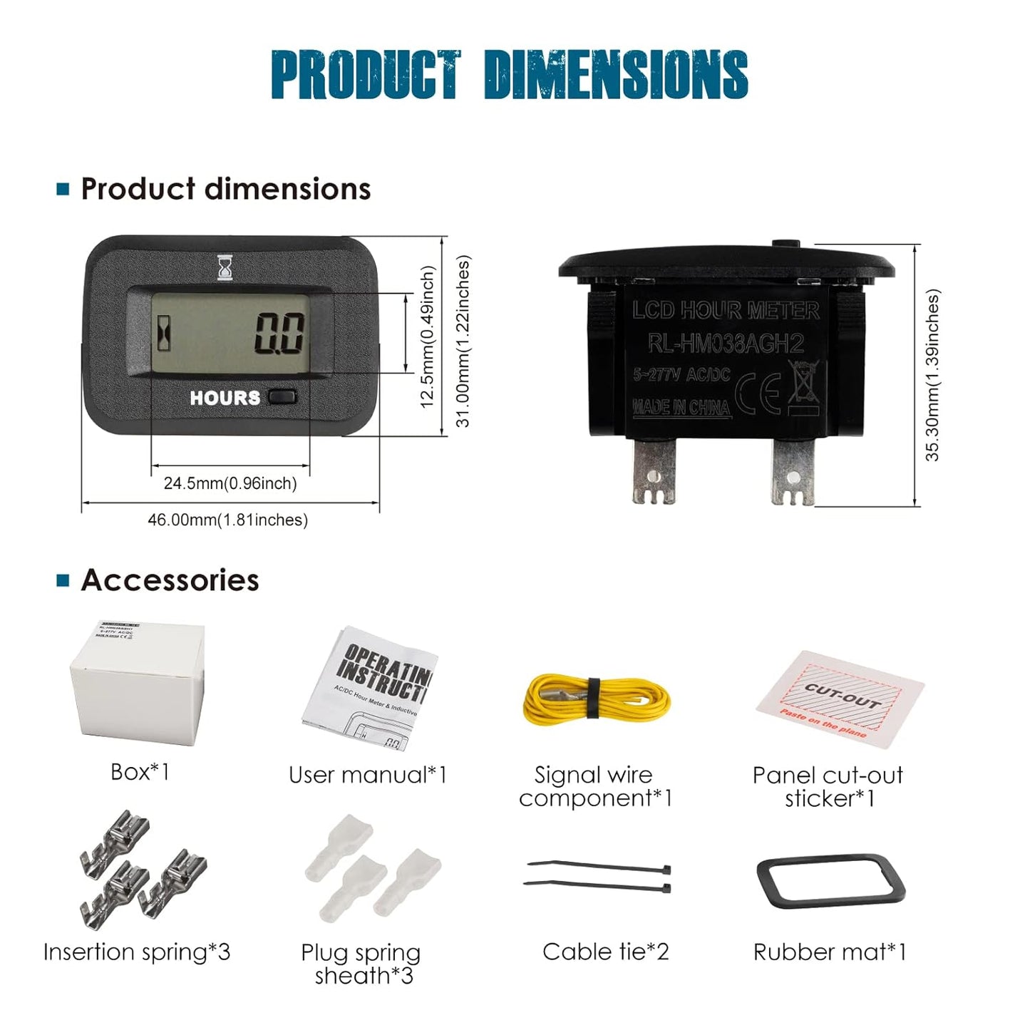 Runleader RL-HM038AGH2 Digital Maintenance Hours Counter,Volt. 5V to 277V for Small Gas Engine,Works on Garden Tractor Golf Cart Forklift Scrubber Machine Generator Compressor Dirt Bike Motorcycle Snowmobile