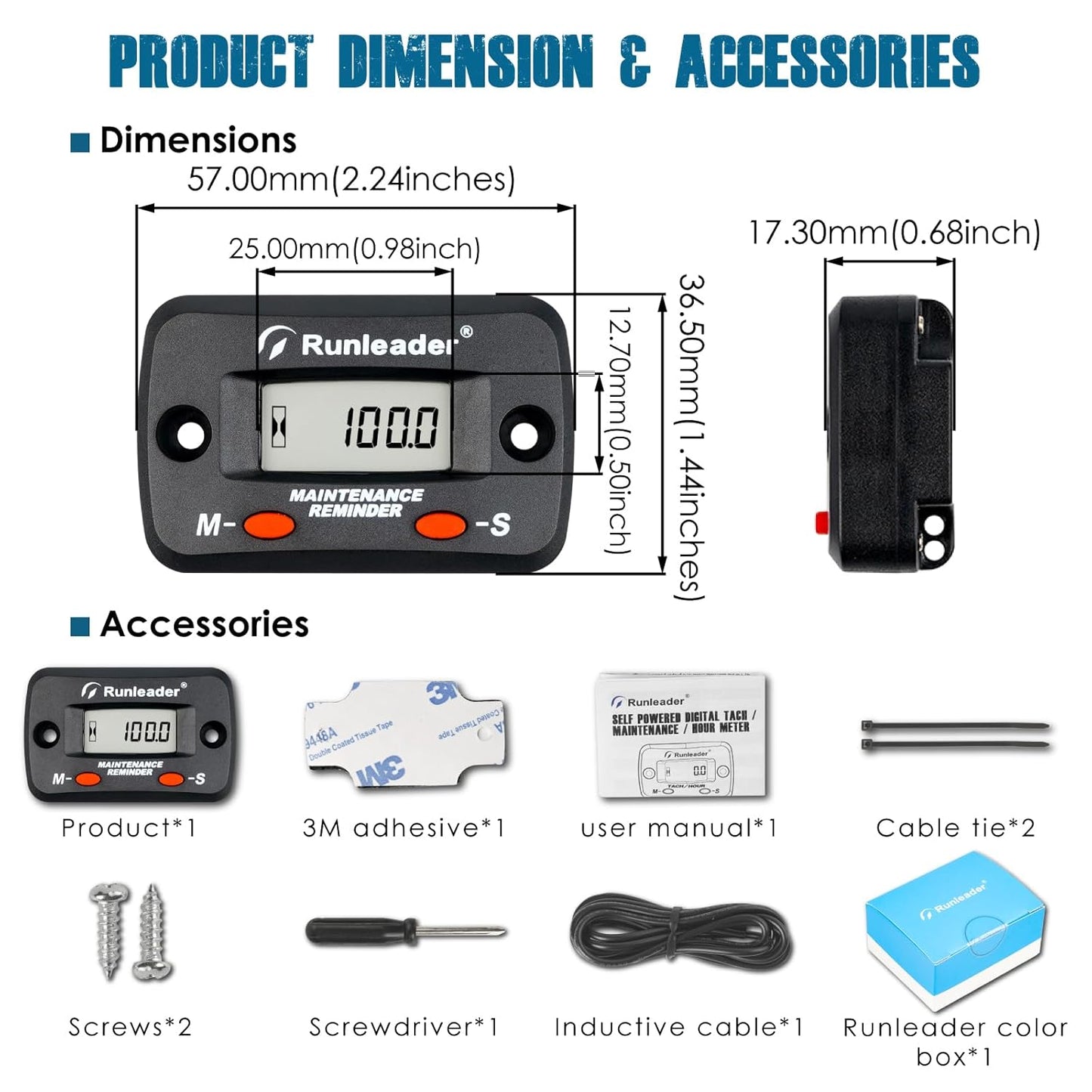 Runleader RL-HM068G Digital Maintenance Hours Tachometer for Lawn Mower Generator Motorcycle ATV Outboard Motor Jetski Chainsaw etc.