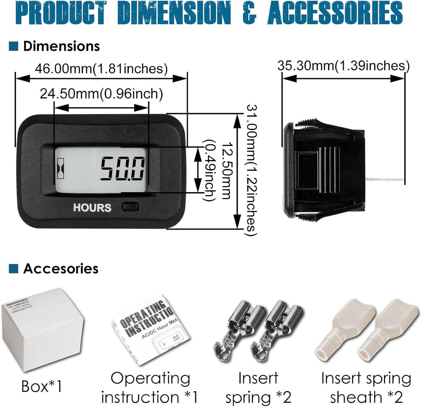 Runleader RL-HM038AD Digital LCD Hour Meter,AC/DC 5V to 277V for Lawn Mower Generator Motorcycle Golf Cart Forklift Scrubber Machine etc