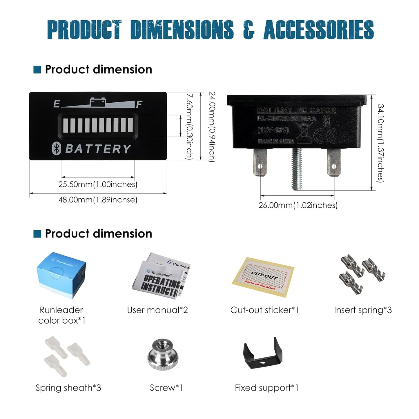 Runleader RL-BI029-BT DC 12V to 48V Bluetooth Operated Battery Indicator Volt Meter, Works for Lead Acid,Gel,AGM,Trojian,LiFePO4 and 18650 Lithium Batteries.