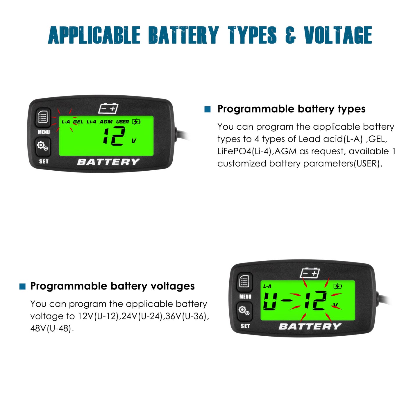 Runleader DC 12V to 48V LCD Battery Capacity Indicator Voltage Gauge Meter Charge and Discharge Monitor Suitable for Battery Lead Acid LiFePO4